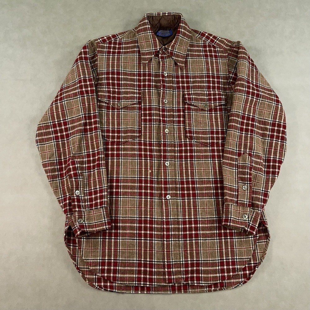 Vintage Pendleton 60 70s Western Shadow Plaid Flannel Wool Shirt Red Size 15.5 M